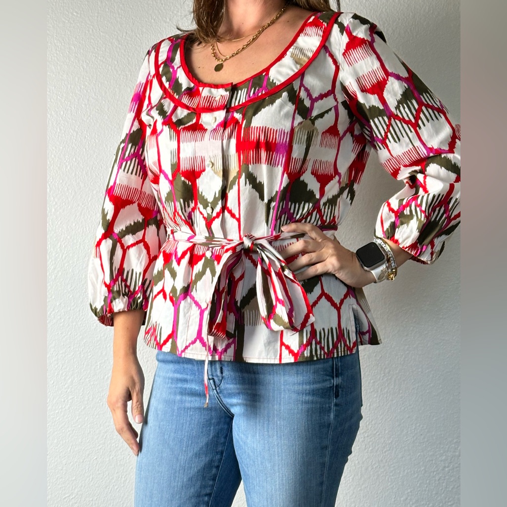 Escada Button Front Scoop Neck Blouse 3/4 Sleeves Ikat Artsy Colorful Eu 40 Us 8